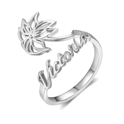 Décembre Bague Ajustable prénom personnalisé fleur de naissance