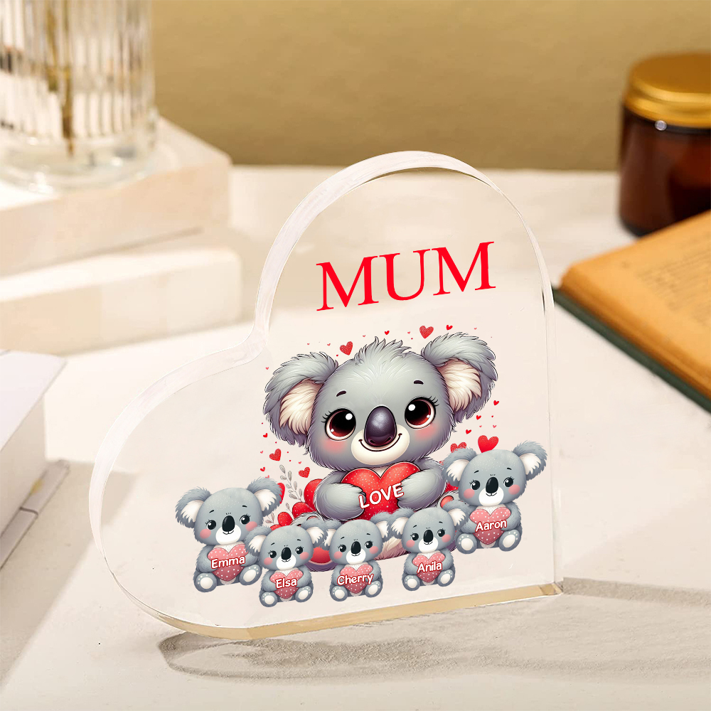 À ma Maman/Mamie - Plaque Acrylique en Forme de Cœur Koala 5 Prénoms Personnalisés avec 1 Texte