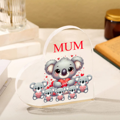 À ma Maman/Mamie - Plaque Acrylique en Forme de Cœur Koala 5 Prénoms Personnalisés avec 1 Texte