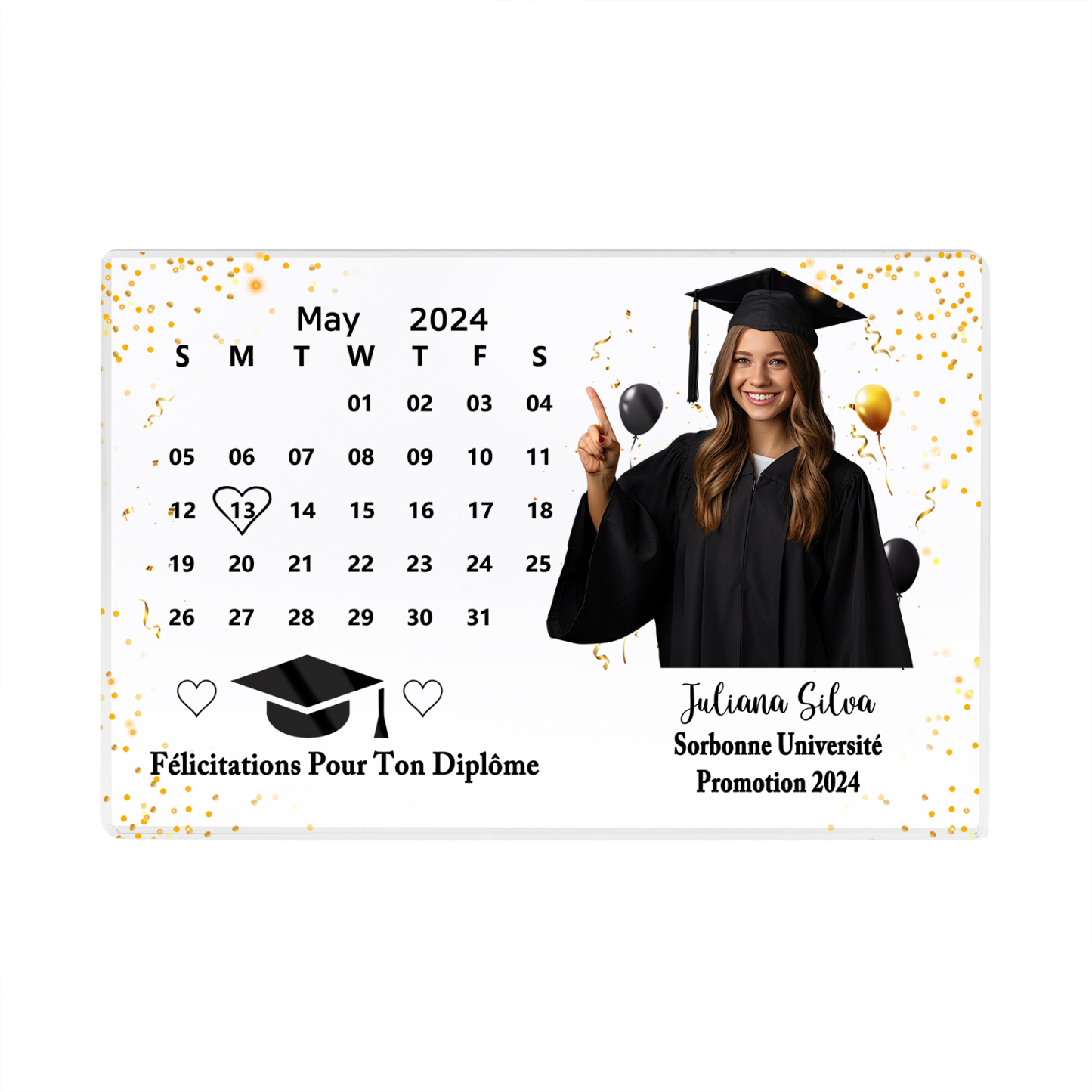Plaque Acrylique Rectangle Diplômés Prénom et Photo Personnalisés avec Date et 2 Textes Cadeau de Graduation