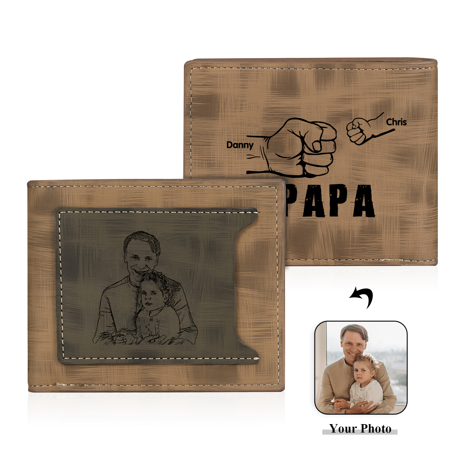 À mon Papa - Portefeuille Poings 2 Prénoms Personnalisés avec Photo Classique Homme Porte-Monnaie Carte
