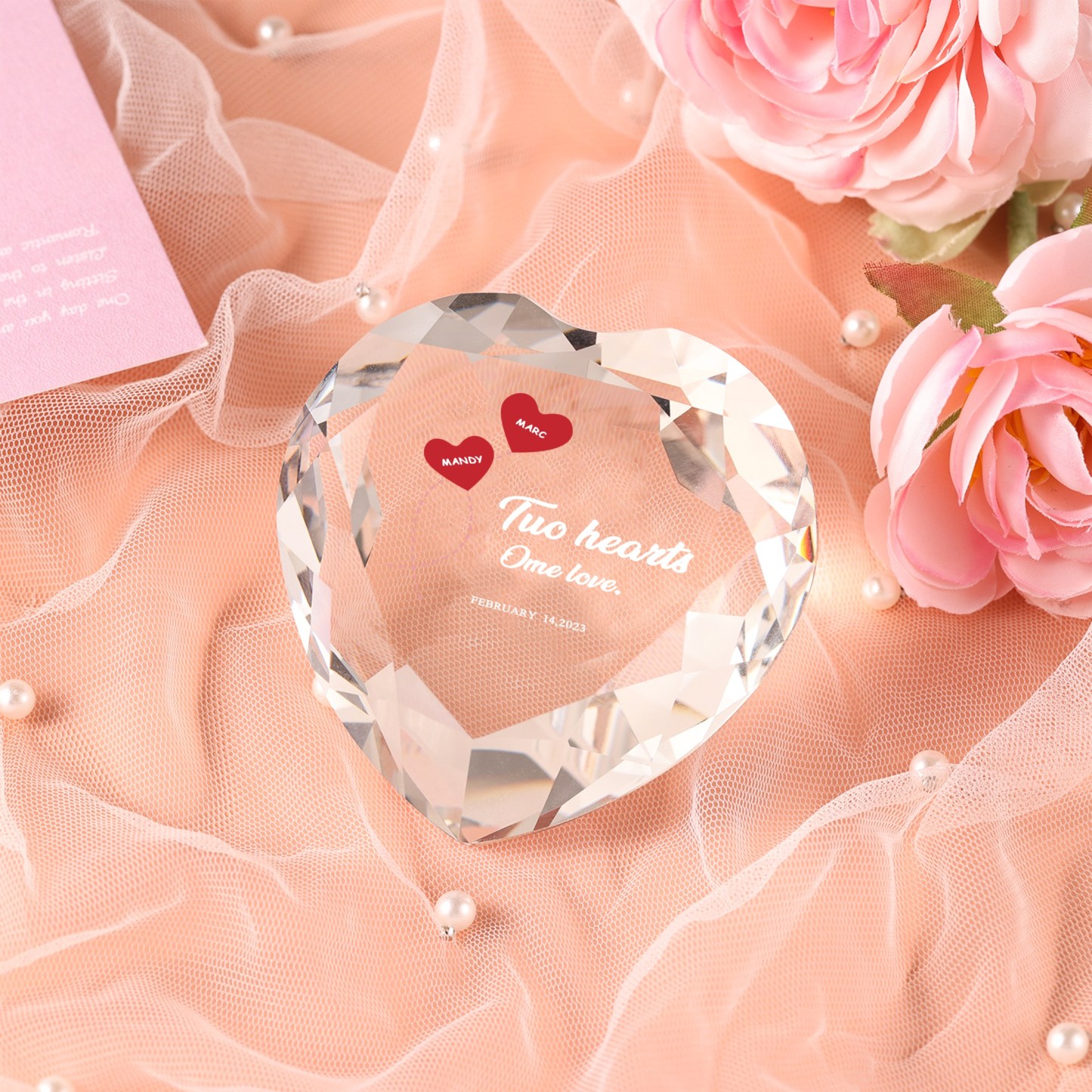 Décoration Cristal Cœur 2 Prénoms Personnalisés avec Texte et Date pour Couple