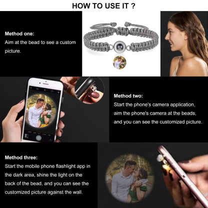 Bracelet en corde tressée avec Photo Personnalisée Bracelet Photo Projection Gris｜Jessemade