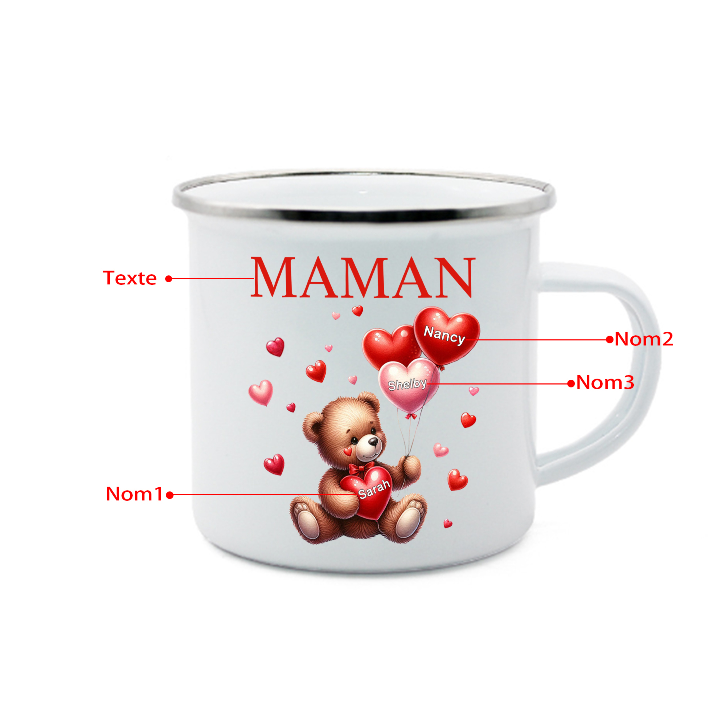 À Maman/Mamie - Tasse émaillée Ours 3 Prénoms Personnalisés
