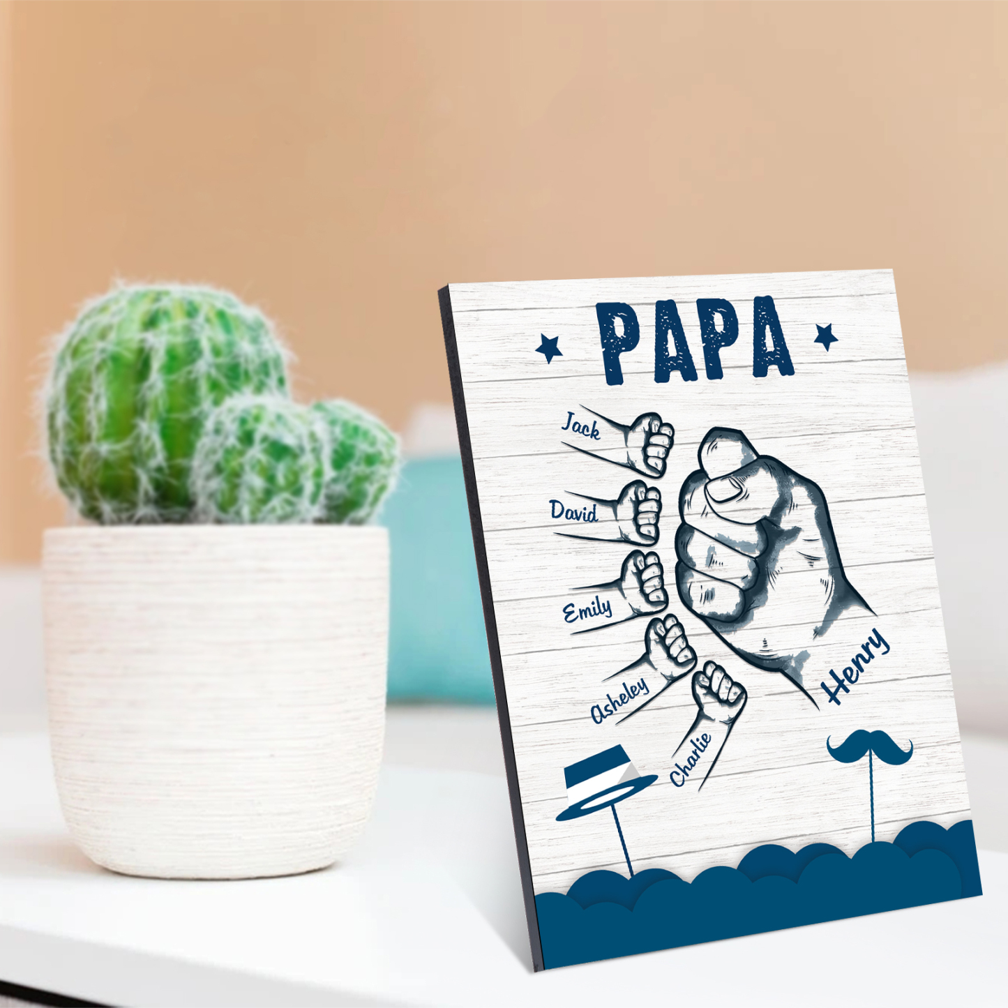À Mon Papa/Papi-Cadre en Bois Poings 6 Prénoms Personnalisés avec Texte