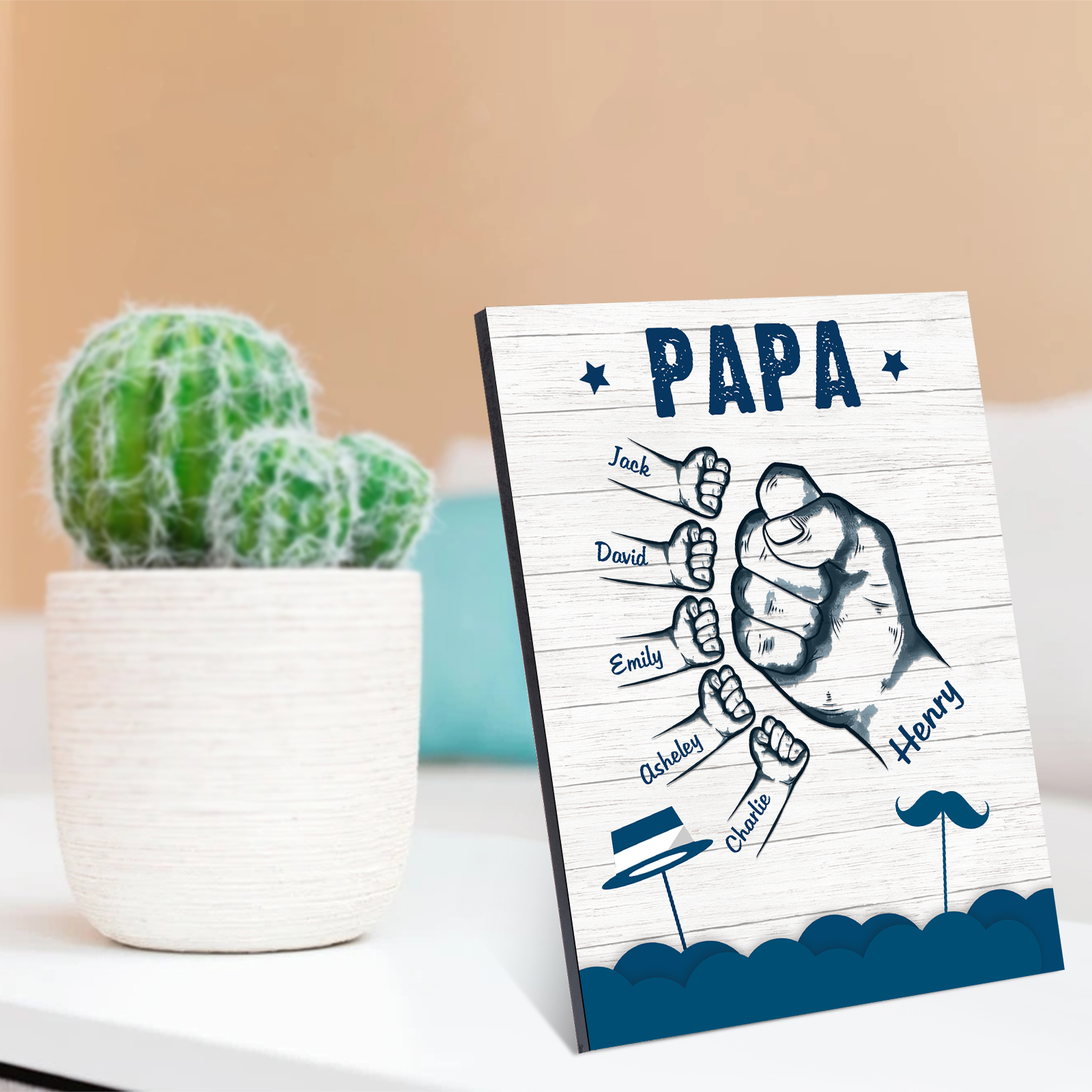 À Mon Papa/Papi-Cadre en Bois Poings 6 Prénoms Personnalisés avec Texte