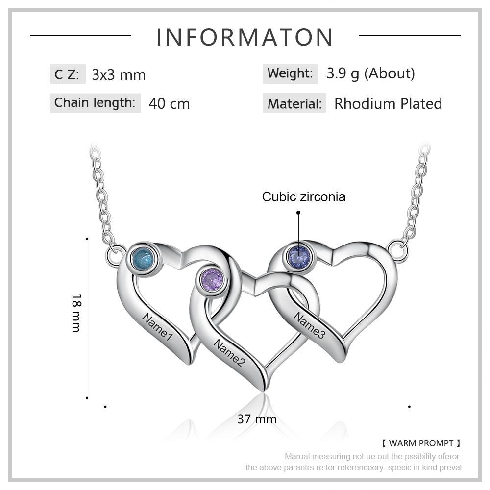 Collier Cœur 3 Prénoms Personnalisés Pendentif avec 3 Pierre de Naissance