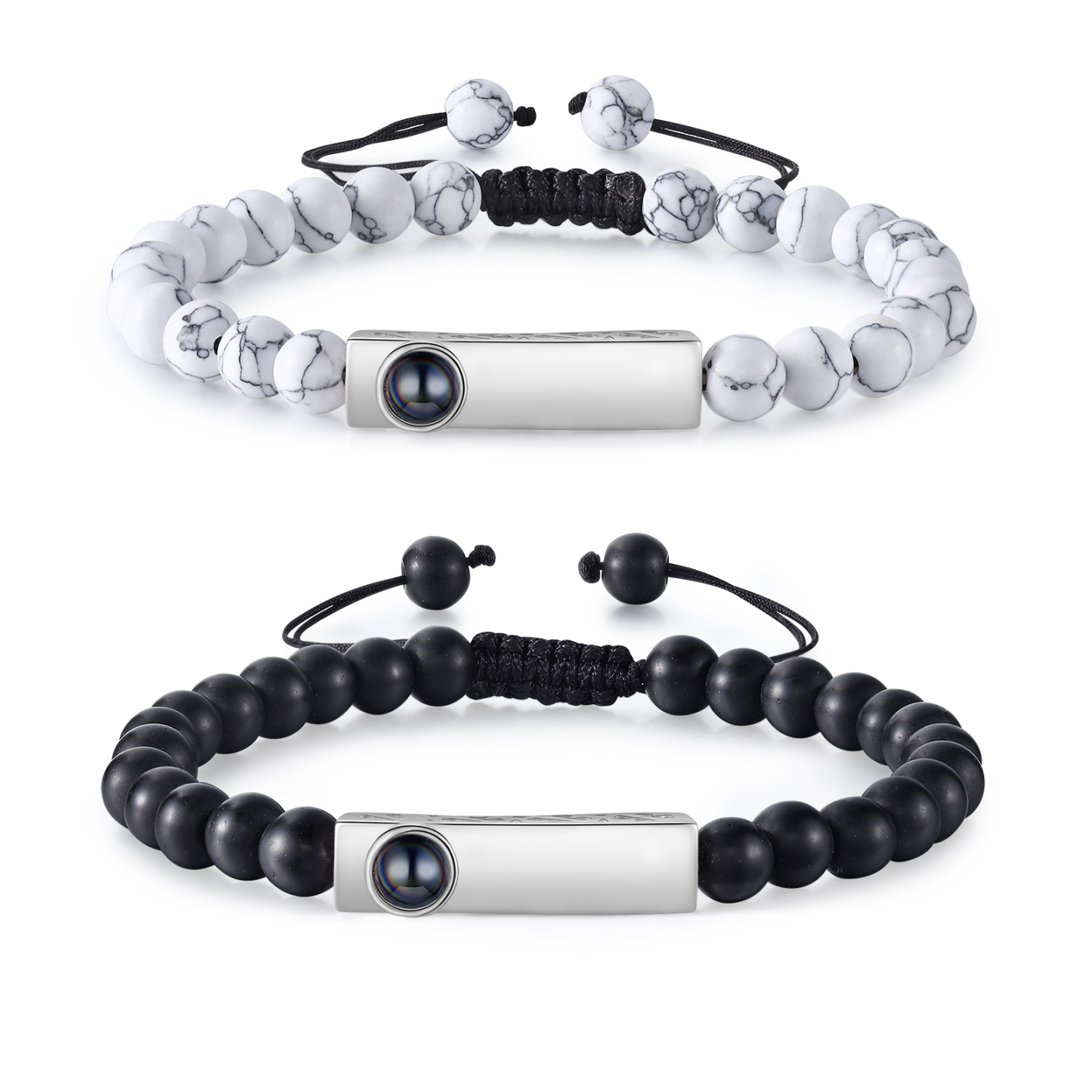 2PCS Bracelets Projection de Pierres 2 Prénoms et 1 Photo Personnalisés pour Couple