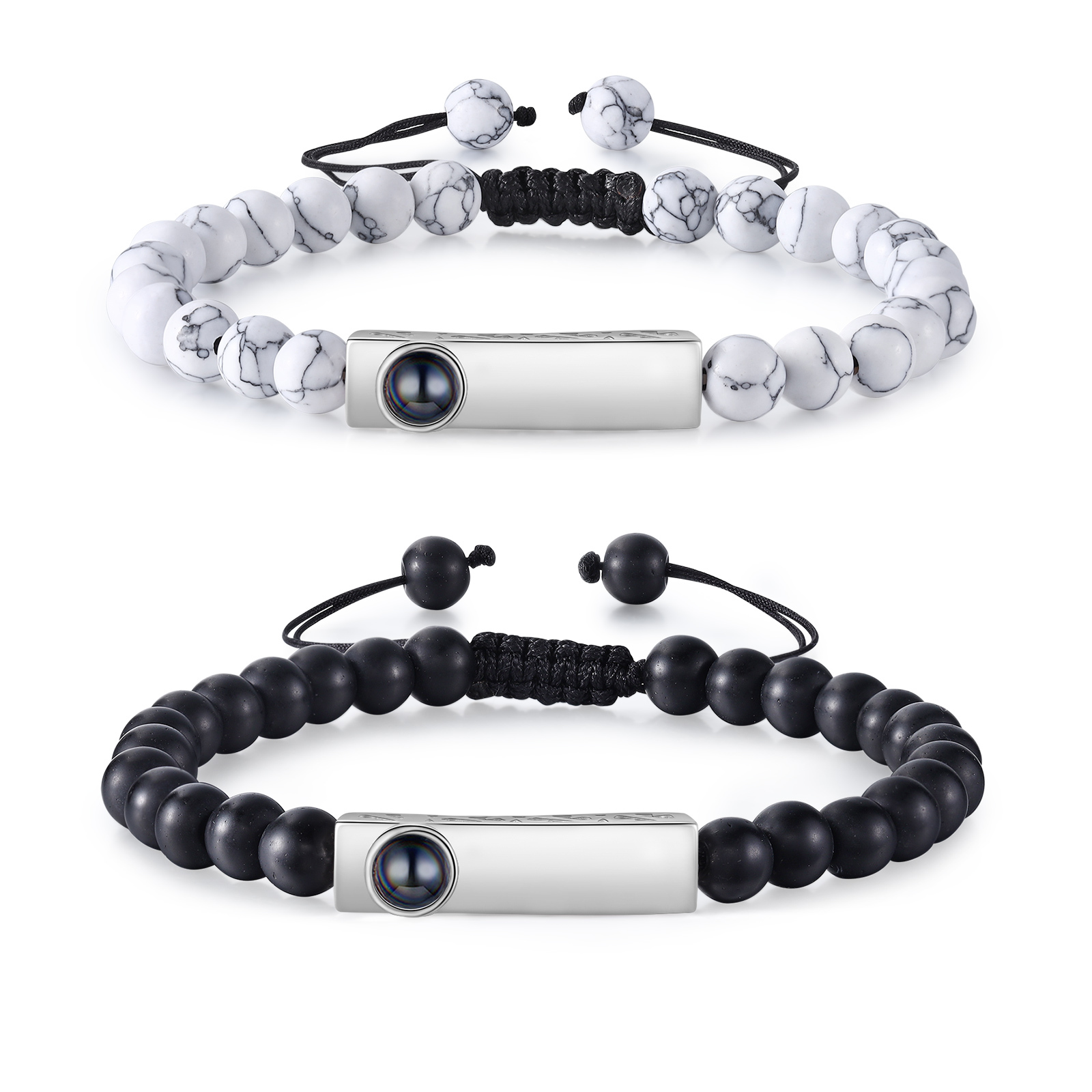 2PCS Bracelets Projection de Pierres 2 Prénoms et 1 Photo Personnalisés pour Couple