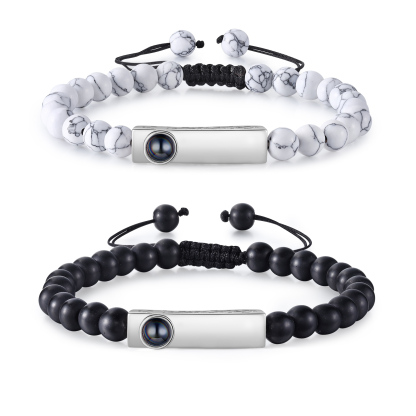 2PCS Bracelets Projection de Pierres 2 Prénoms et 1 Photo Personnalisés pour Couple