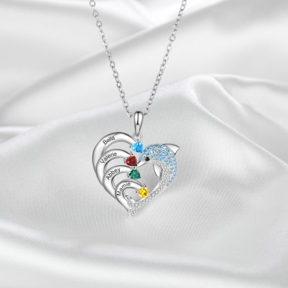 Collier coeur et dauphin 4 Prénoms Personnalisés avec 4 Pierre de Naissance