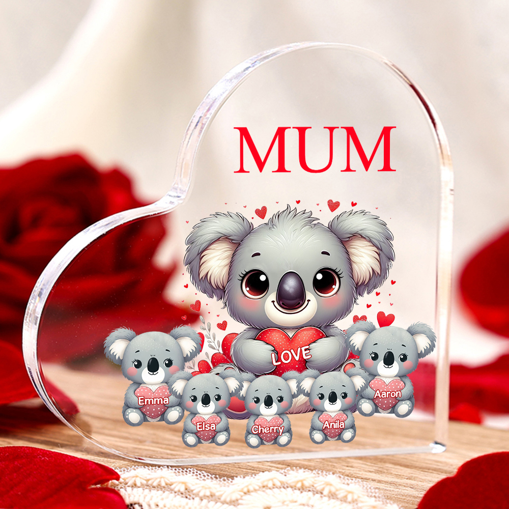 À ma Maman/Mamie - Plaque Acrylique en Forme de Cœur Koala 5 Prénoms Personnalisés avec 1 Texte