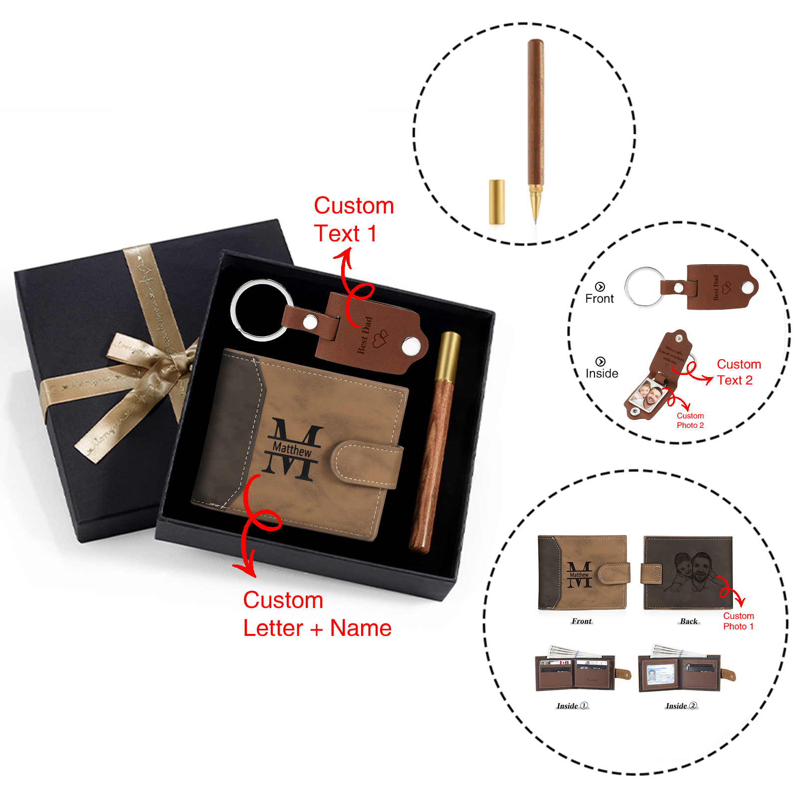 Coffret Cadeau 3PCS - Portefeuille classique Porte-Clés et Stylo 1 Prénom et Lettre Personnalisés avec 2 Textes et 2 Photos Coffret Cadeau pour Homme