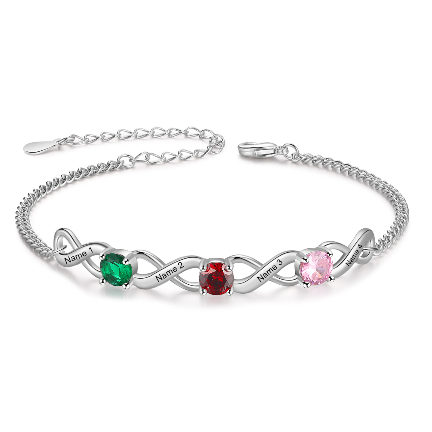 Bracelet Infini 4 Prénoms Personnalisés avec 3 Pierres de Naissance pour Femme