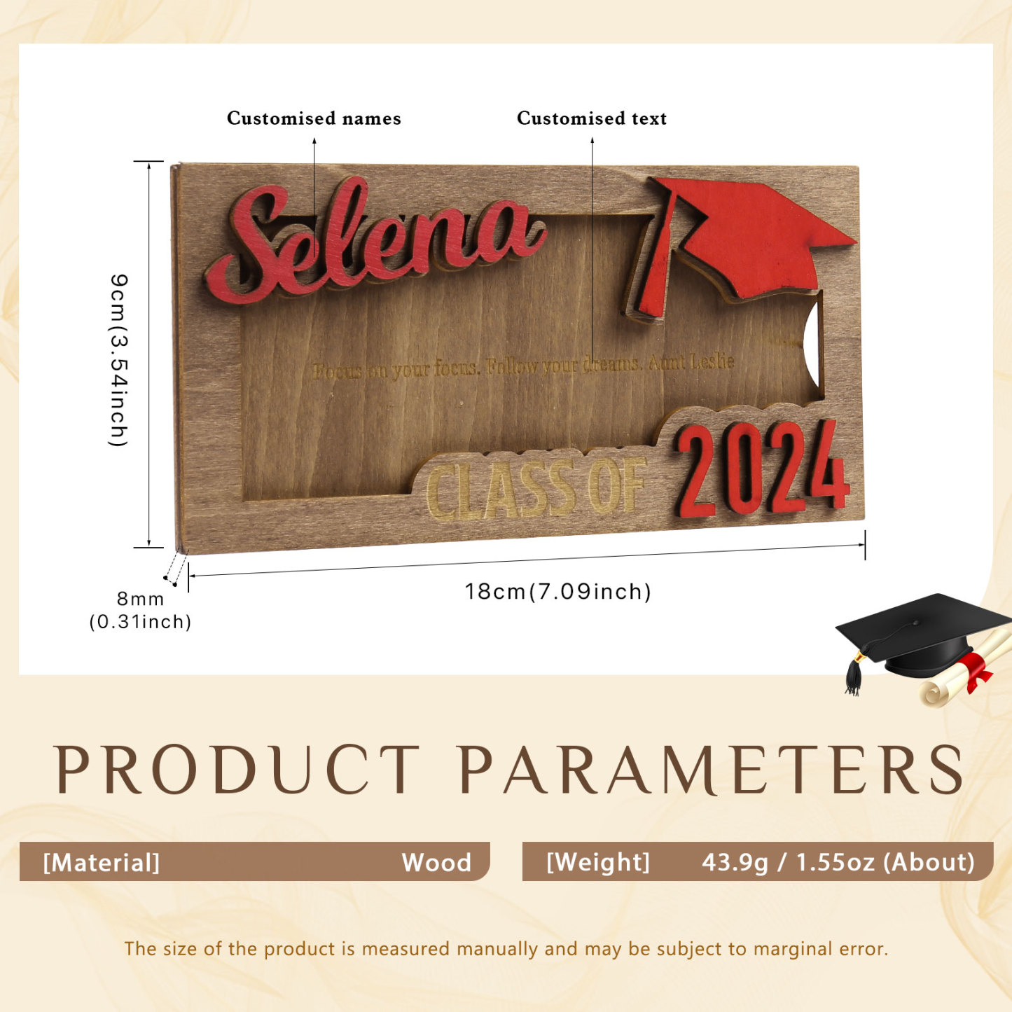 Porte-Cartes Diplômé en bois Prénom et Texte Personnalisés Cadeau de Graduation