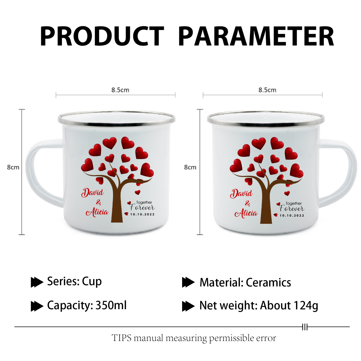 Tasse émaillée 2 Prénoms Personnalisés avec Texte et Date pour Couple