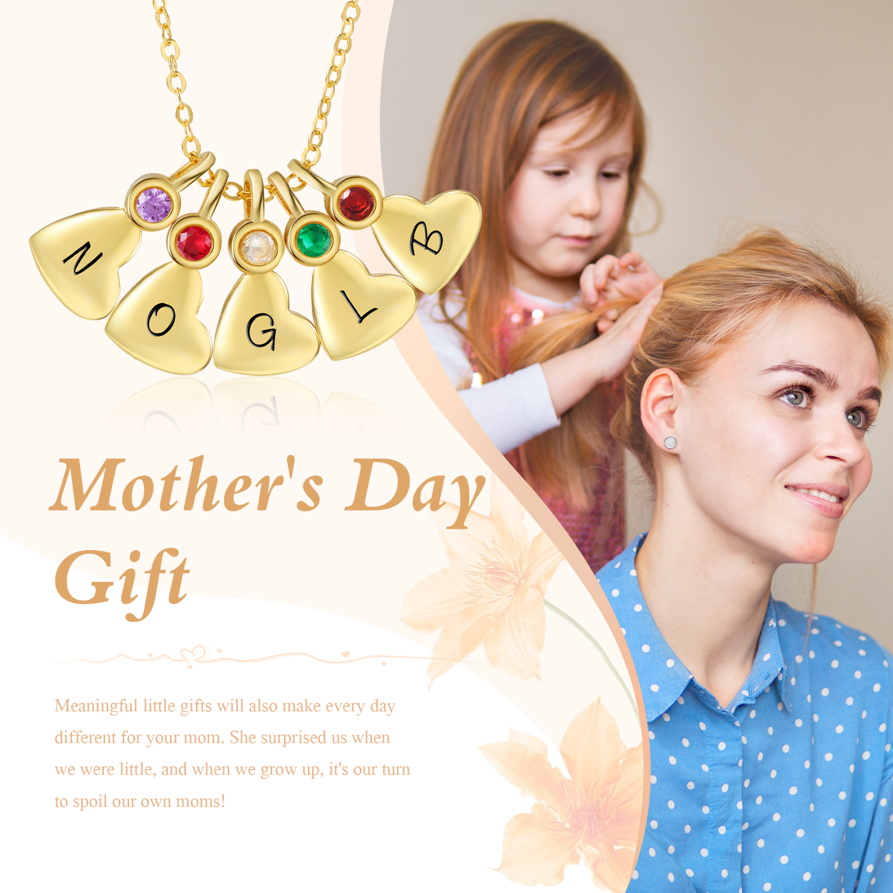 Collier Pendentif Cœur 6 Lettres Personnalisées avec Pierre de naissance pour Femmes