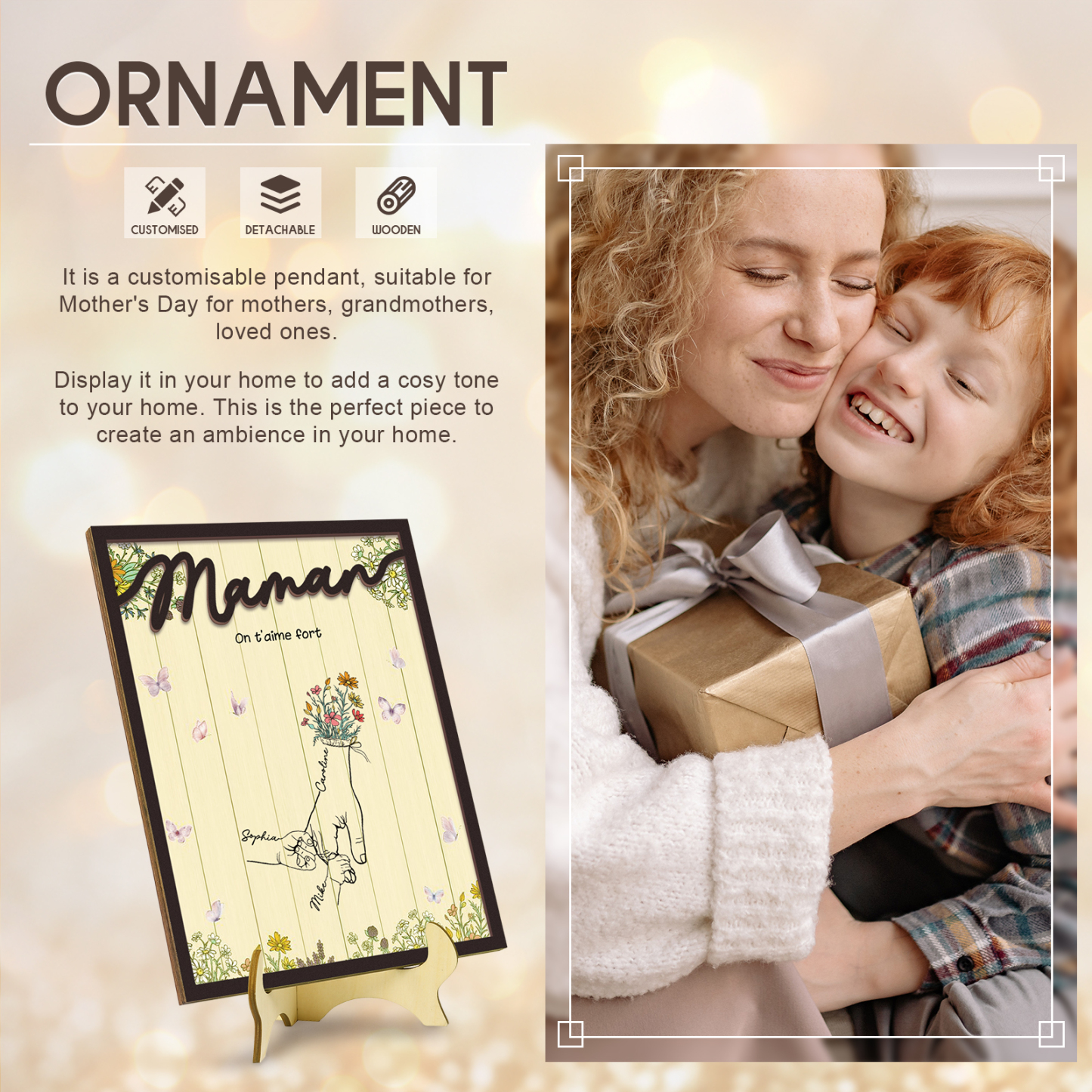 À Maman - Décoration en bois la Main dans la Main 3 Prénoms Personnalisés Ornement Famille