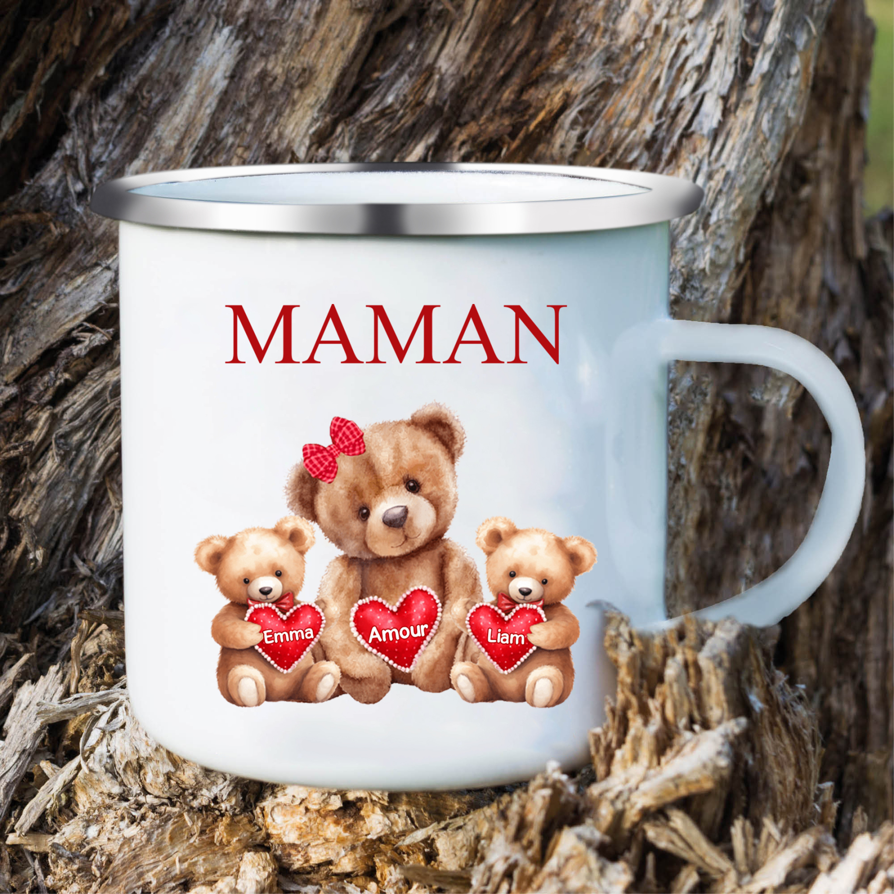 À Maman/Mamie - Tasse émaillée Ours 2 Prénoms Personnalisés