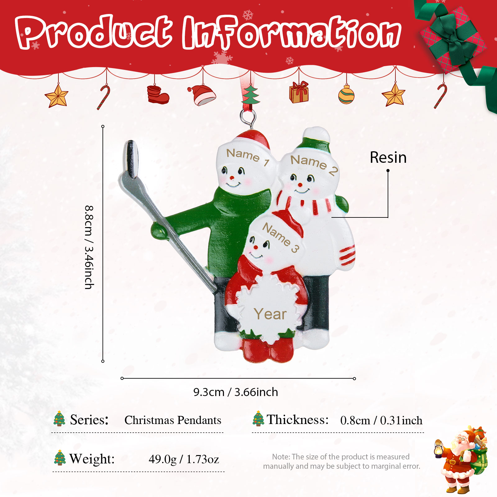 Ornements de Noël en Résine Bonhomme de Neige 3 Prénoms Personnalisés avec Année
