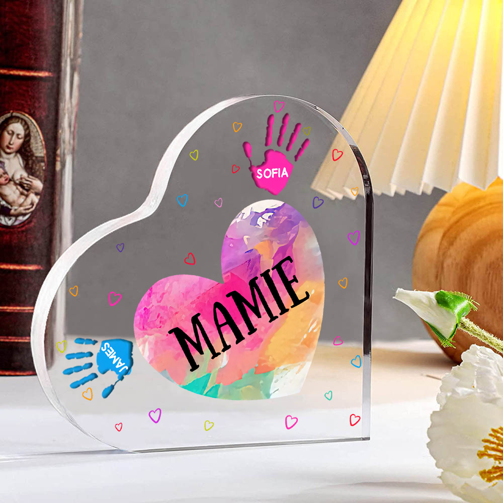 À ma Maman/Mamie - Plaque Acrylique Mains et Enfants en Forme de Cœur 3 Prénoms Personnalisés
