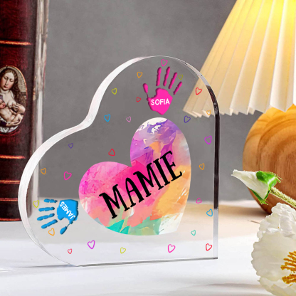 À ma Maman/Mamie - Plaque Acrylique Mains et Enfants en Forme de Cœur 3 Prénoms Personnalisés