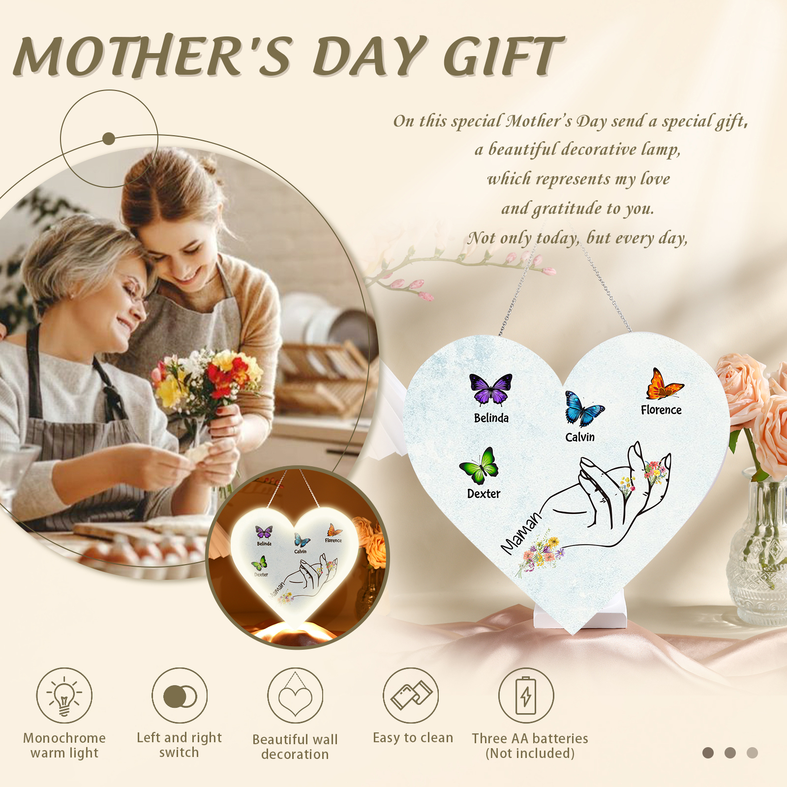 À Maman/Mamie - Veilleuse Cœur Décoration Main et Papillon 4 Prénoms Personnalisés avec 1 Texte