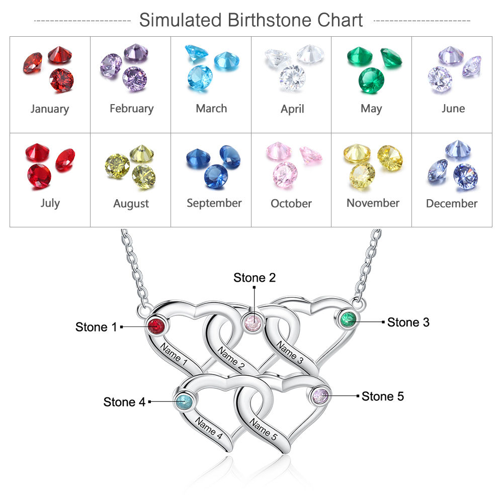 Collier Coeur 5 Prénoms Personnalisés Pendentif avec 5 Pierre de Naissance｜Jessemade