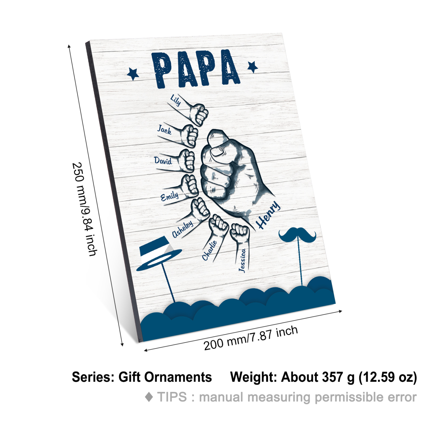 À Mon Papa/Papi-Cadre en Bois Poings 8 Prénoms Personnalisés avec Texte