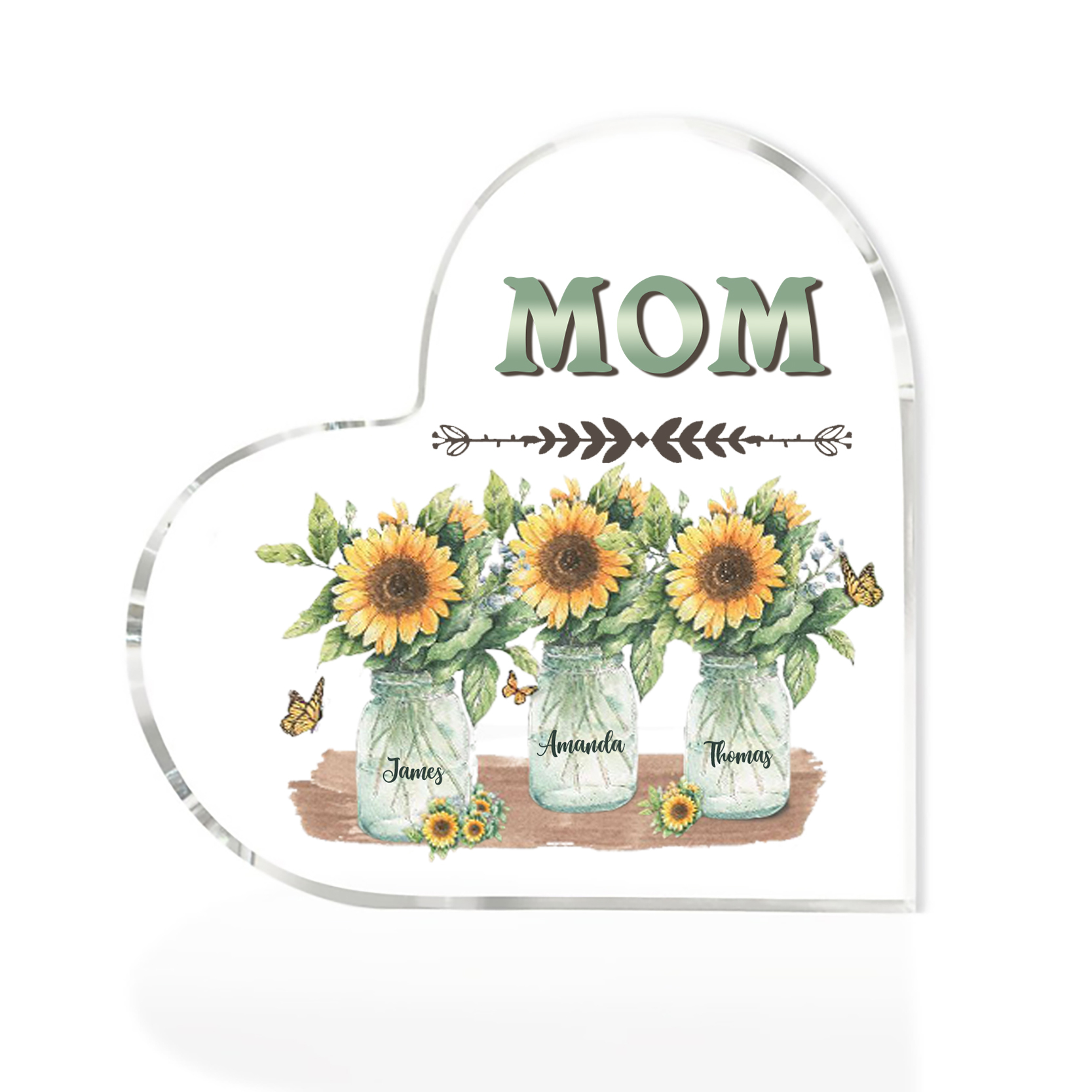 À ma Maman/Mamie - Plaque Acrylique en Forme de Cœur Fleurs 3 Prénoms Personnalisés avec 1 Texte
