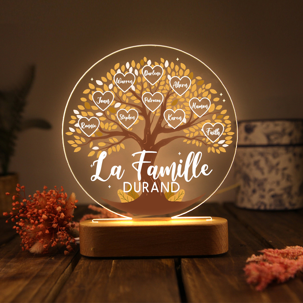 Lampe de chevet Arbre de Vie LED Lumières 5 Prénoms et 1 Texte Personnalisés pour Famille