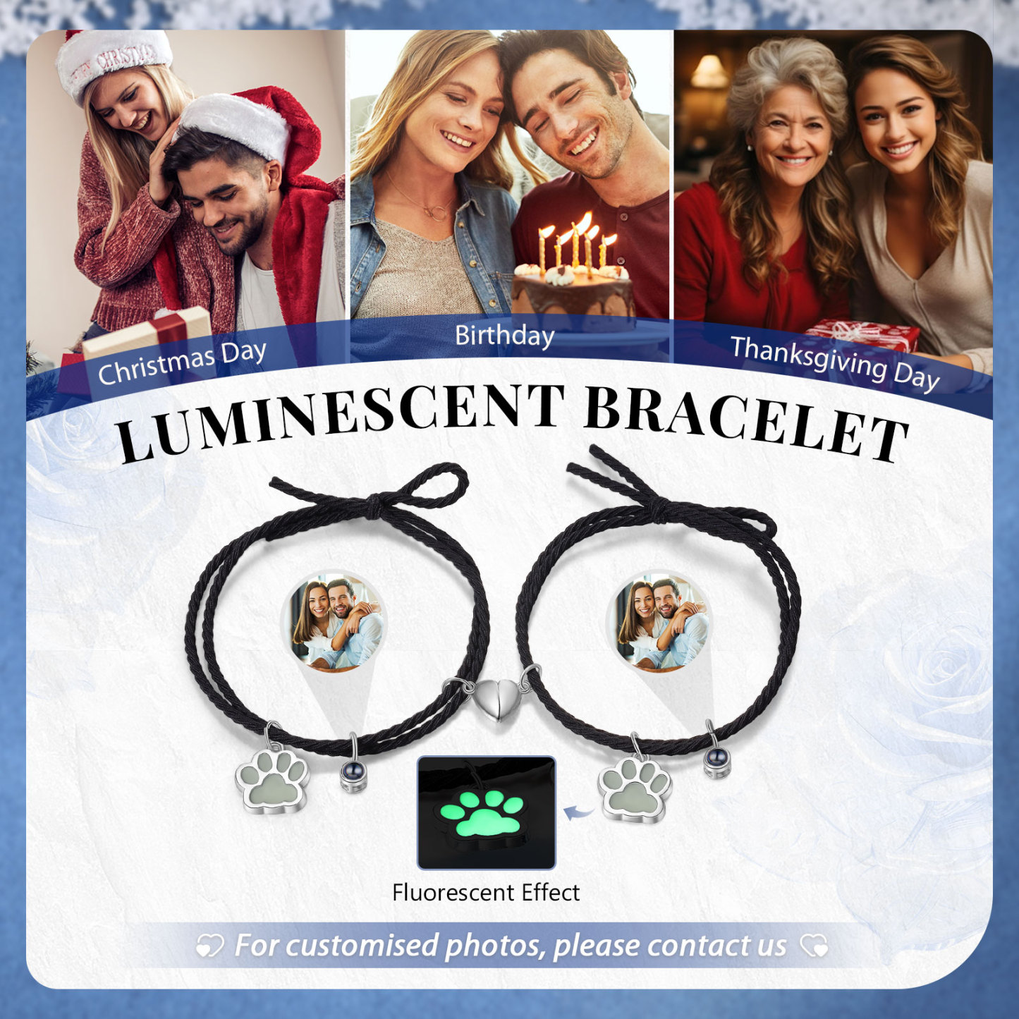 2PCS Bracelets Projection de Pierres Photo Personnalisée pour Couple Bracelet Magnétique Fluorescent