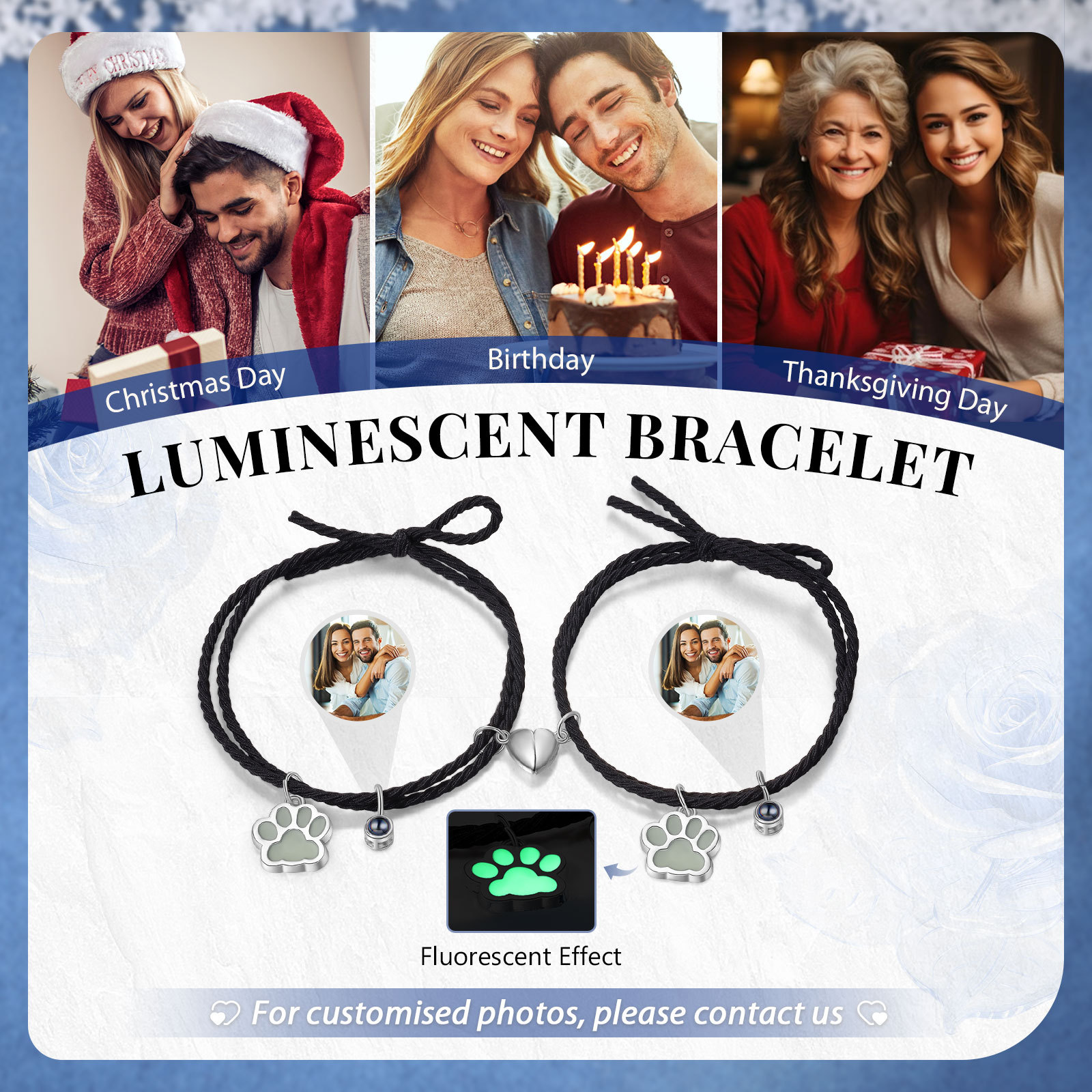 2PCS Bracelets Projection de Pierres Photo Personnalisée pour Couple Bracelet Magnétique Fluorescent