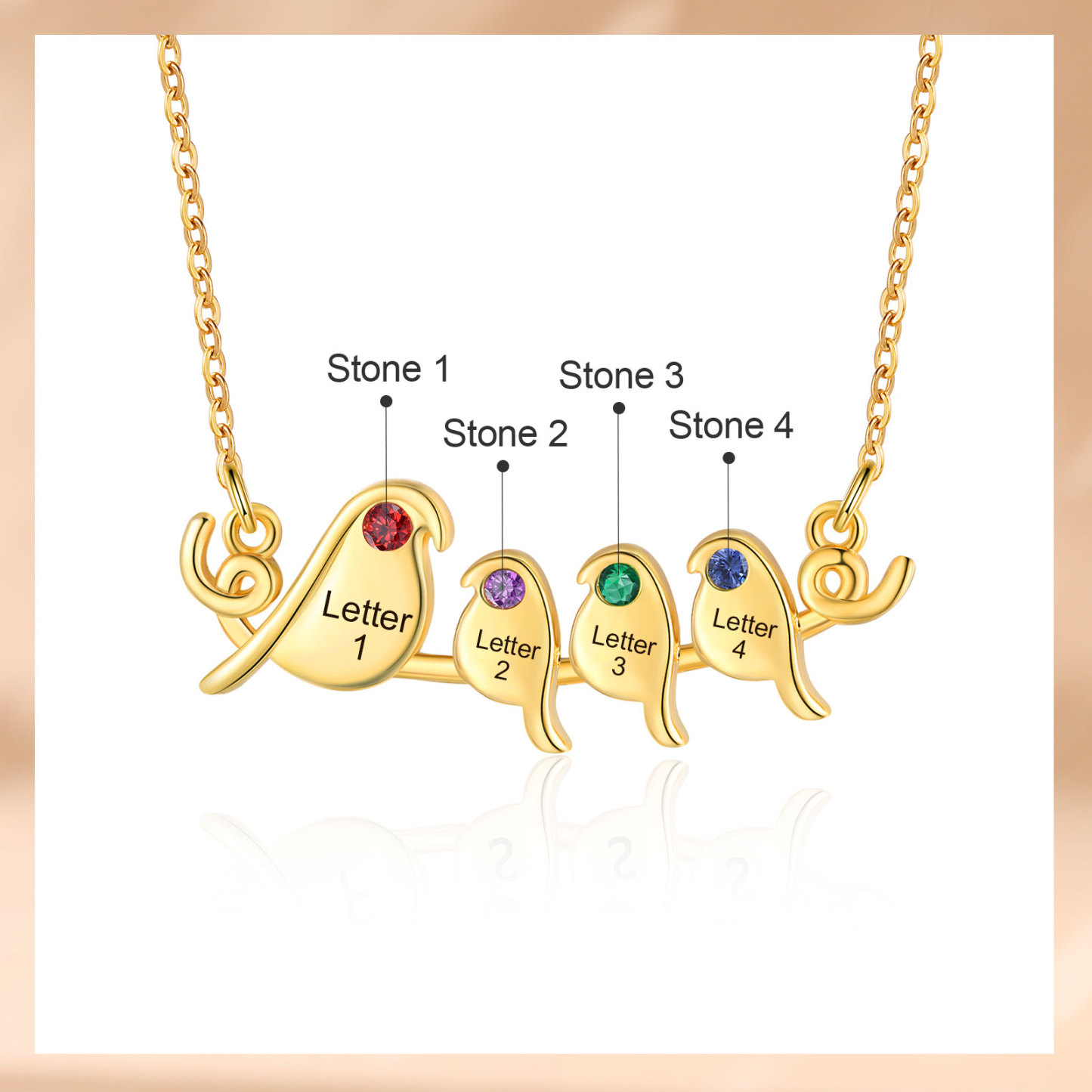 Collier Petit Oiseau 4 Lettres et Pierres de Naissance Personnalisés Collier Femmes