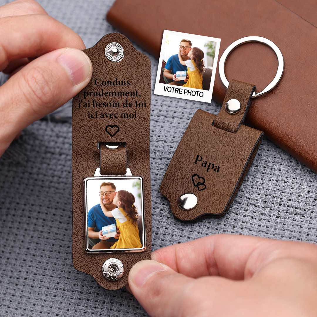 À mon Papa - Porte-Clés Cuir Texte et Photo Personnalisés