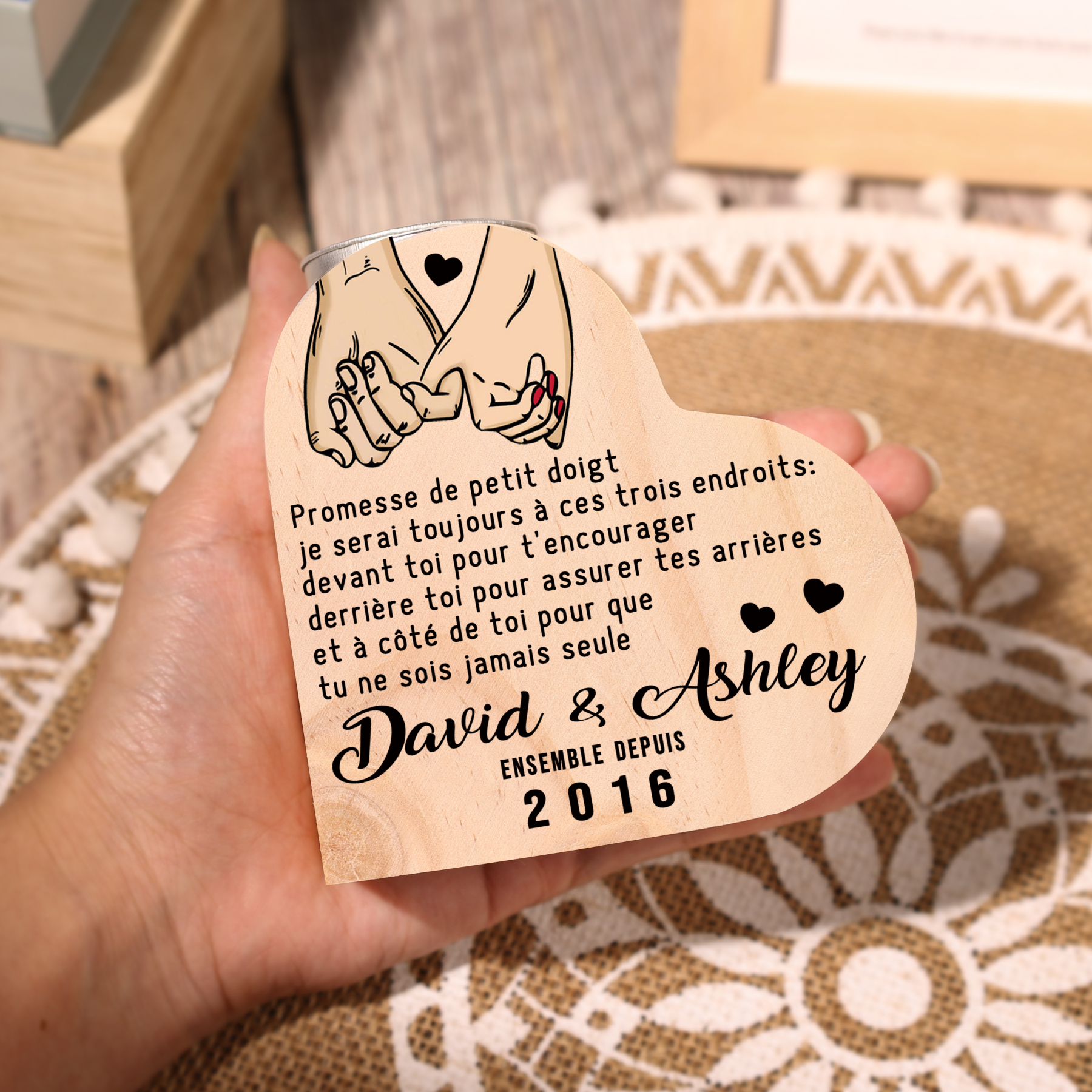 Bougeoir en Bois Pour Couple 2 Prénoms Personnalisés avec Texte sans bougie | Jessemade