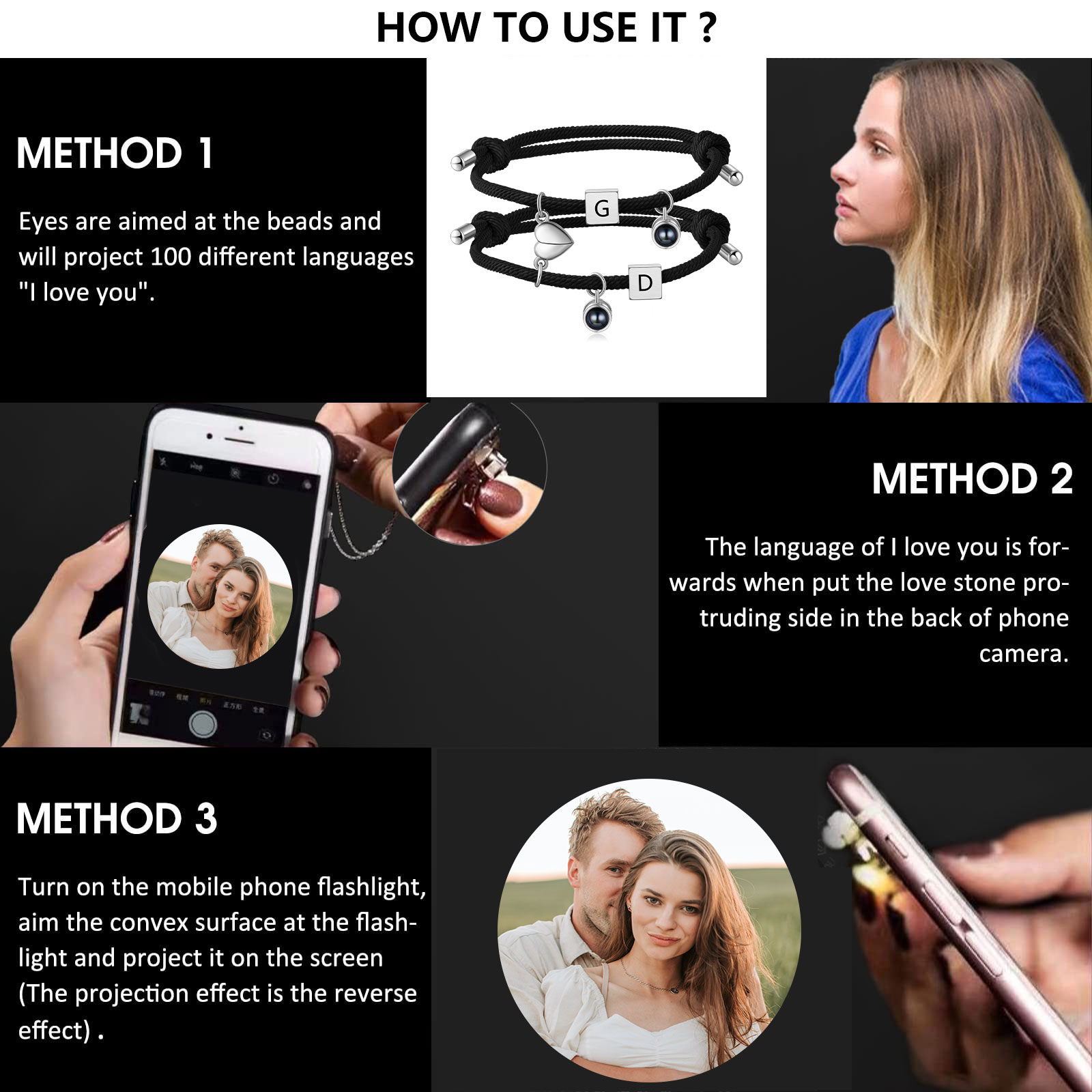 2PCS Bracelets Projection de Pierres 2 Lettres et 1 Photo Personnalisés Bracelets magnétiques pour Couple