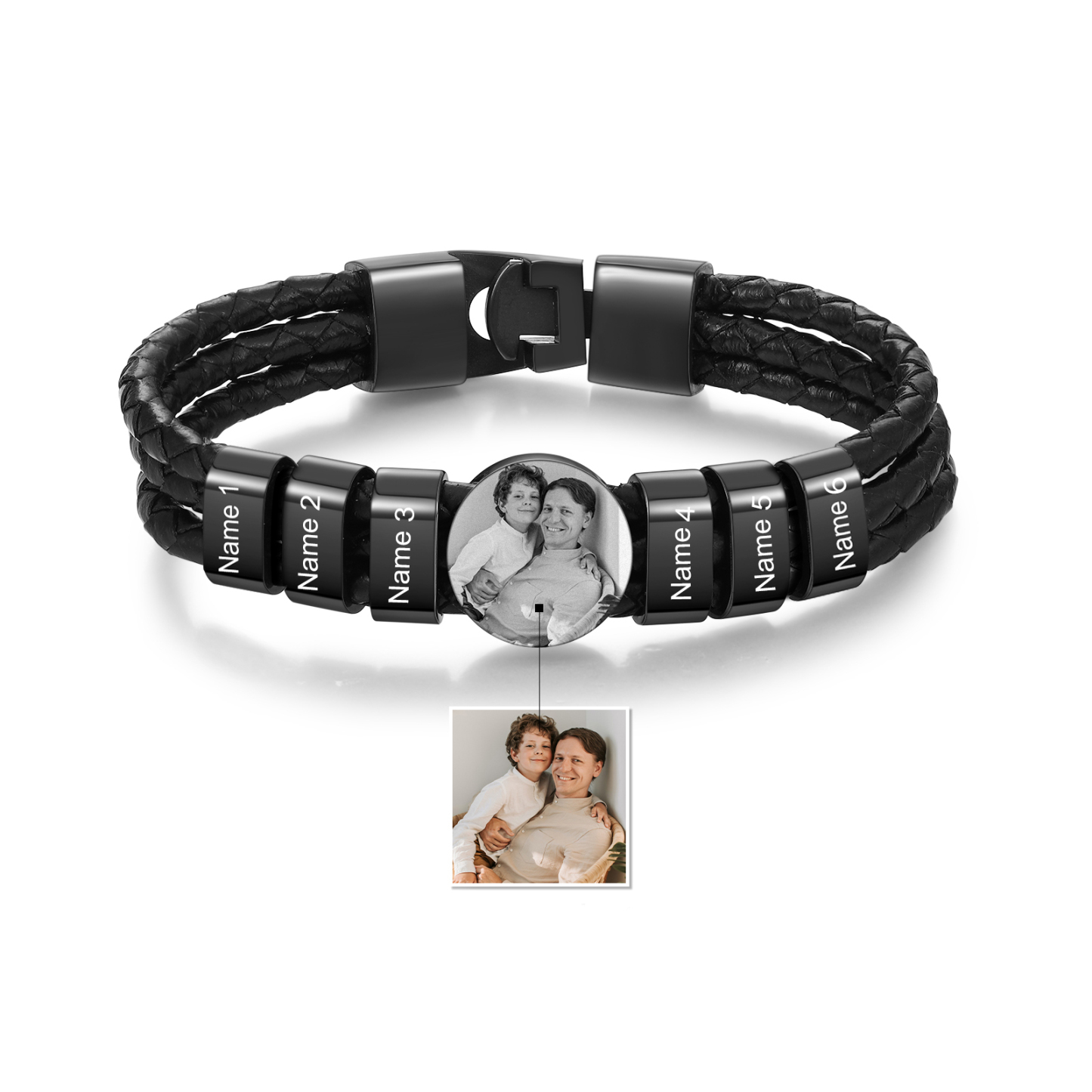 Bracelet en Cuir 6 Prénoms Personnalisés avec Photo pour Hommes