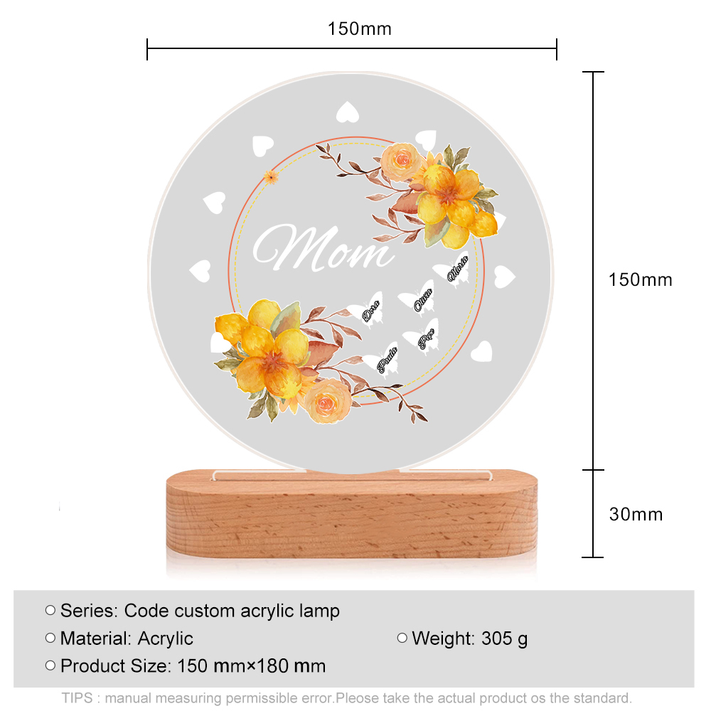 À Maman/Mamie - Lampe de chevet LED Fleurs et Papillons 5 Prénoms Personnalisés avec 1 Texte