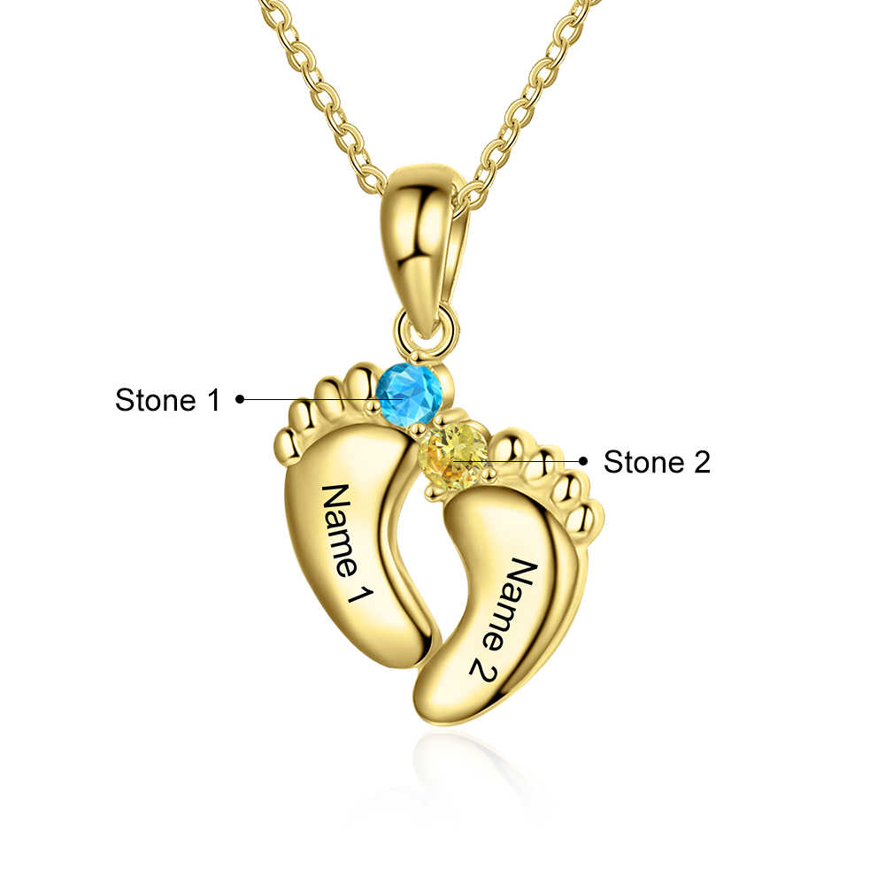 Collier 2 Prénom Personnalisé pied bebe avec pierre de naissance