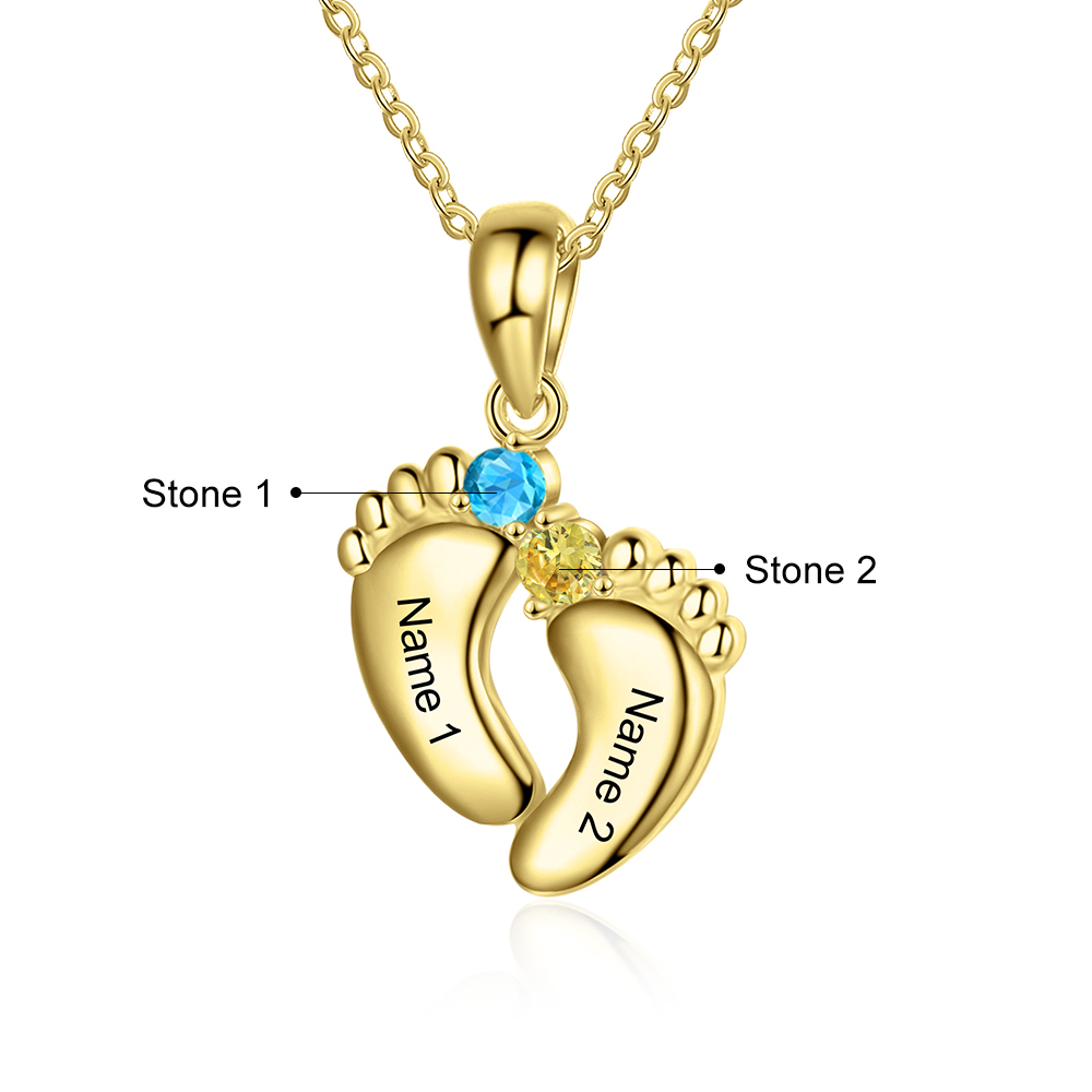Collier 2 Prénom Personnalisé pied bebe avec pierre de naissance