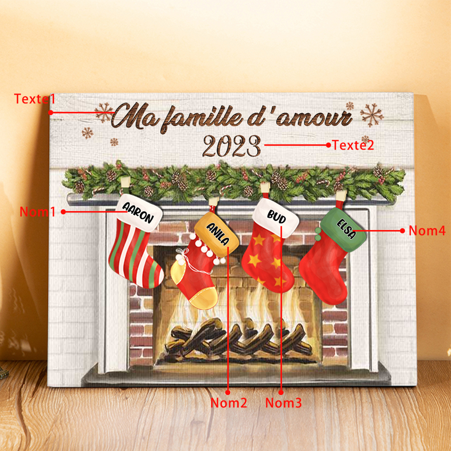 À ma Famille - Cadre en Bois de Noël 4 Prénoms Personnalisés avec Texte | Jessemade