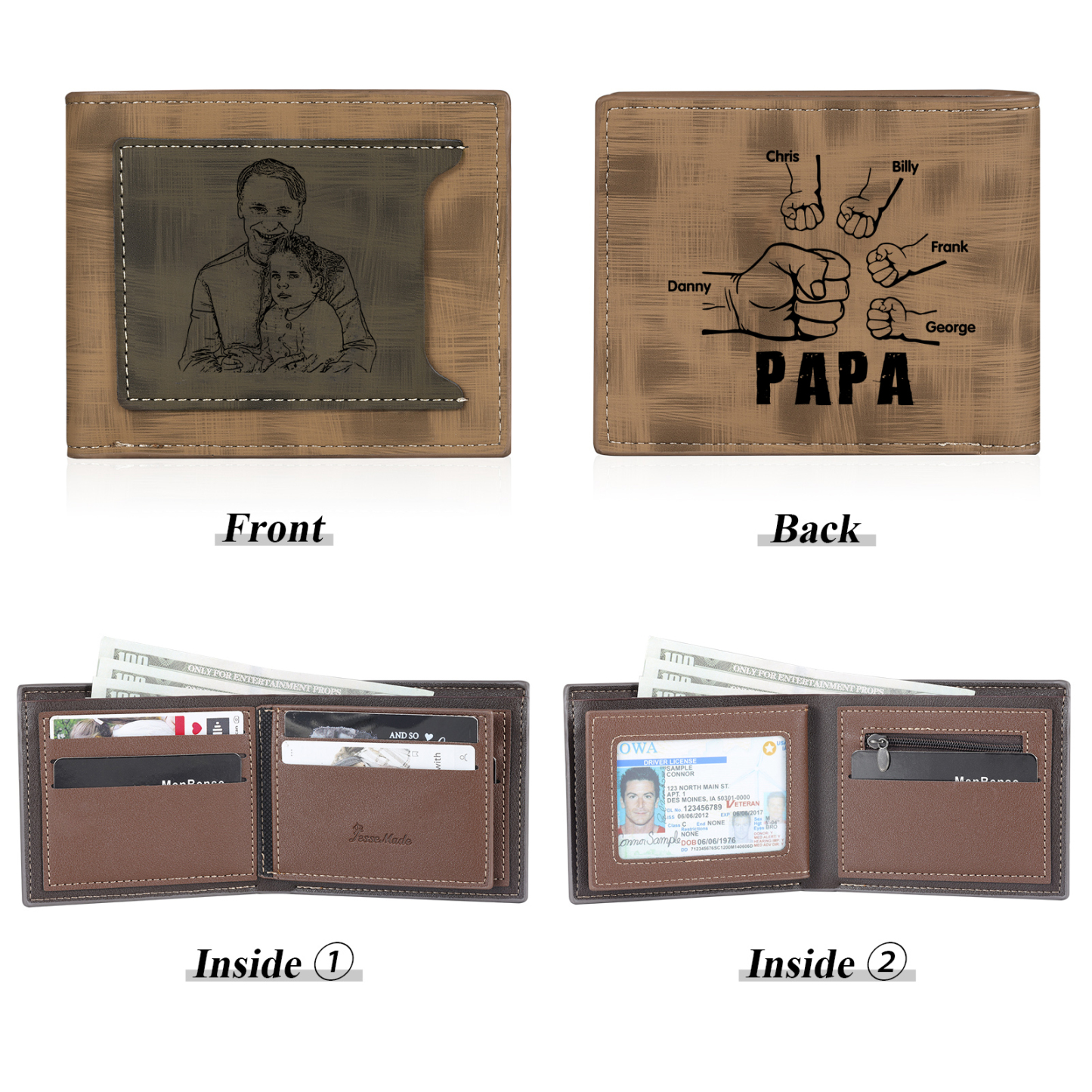 À mon Papa - Portefeuille Poings 5 Prénoms Personnalisés avec Photo Classique Homme Porte-Monnaie Carte