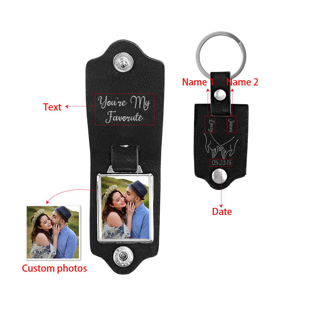 Porte-Clés Cuir 2 Prénoms et 1 Photo Personnalisés avec Date et Texte pour Couple | Jessemade