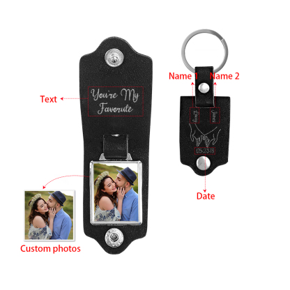 Porte-Clés Cuir 2 Prénoms et 1 Photo Personnalisés avec Date et Texte pour Couple | Jessemade
