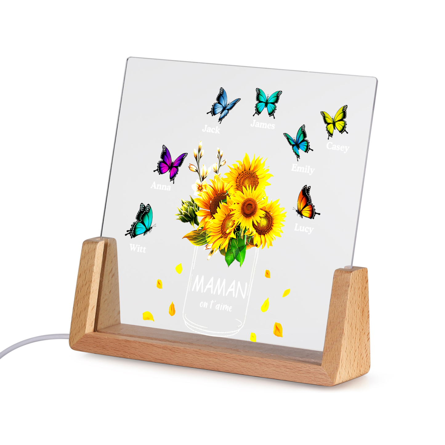 À Maman/Mamie - Lampe de chevet LED Tournesol 7 Prénoms Personnalisés avec 2 Textes pour Famille