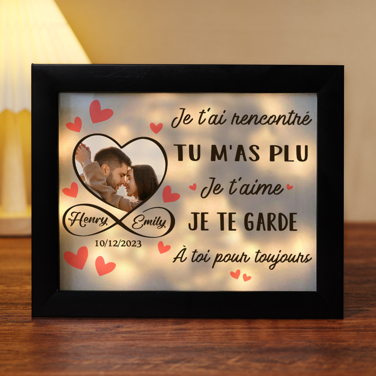 Cadre Photo Lumineux Personnalisé – Prénoms et Date, Cadeau d'Amour pour Couple