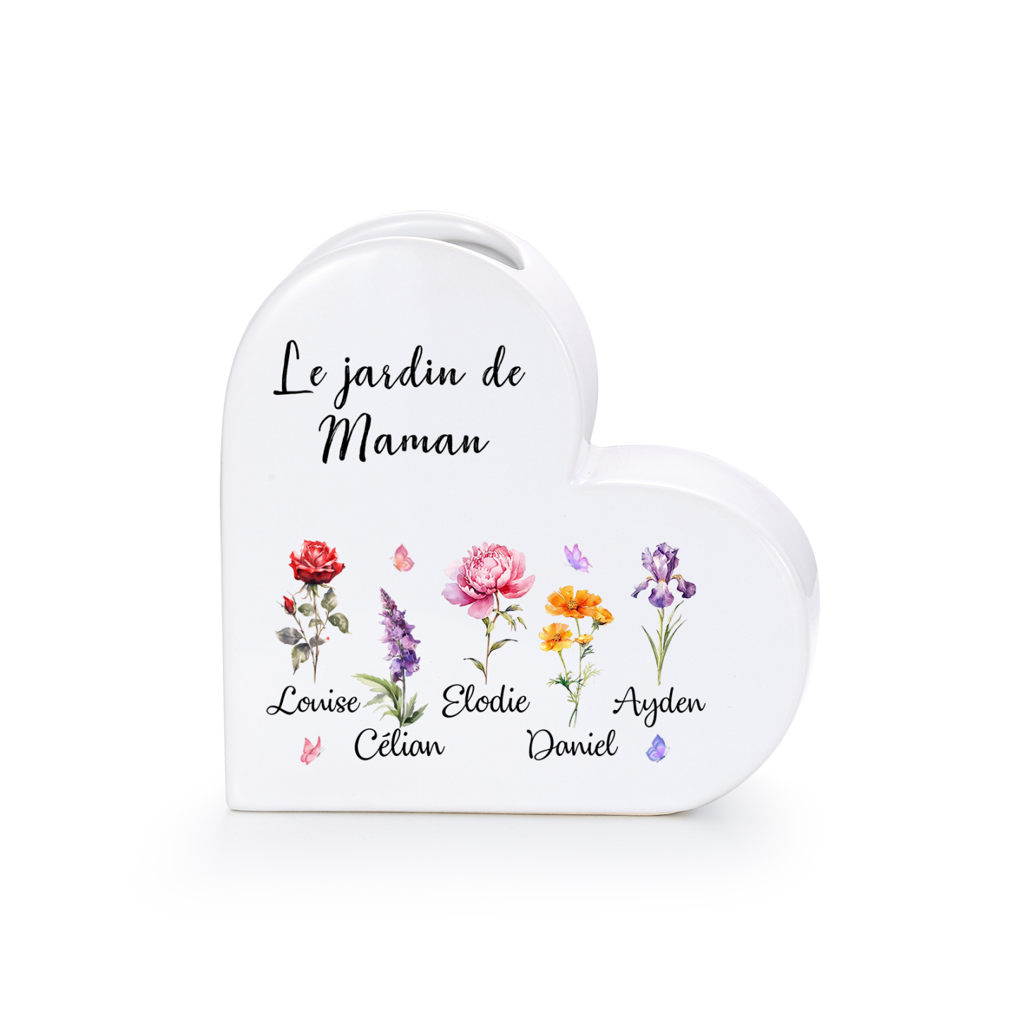 Vase Cœur en Céramique Personnalisé avec 1 à 12 Fleurs de naissance et Prénoms des Enfants