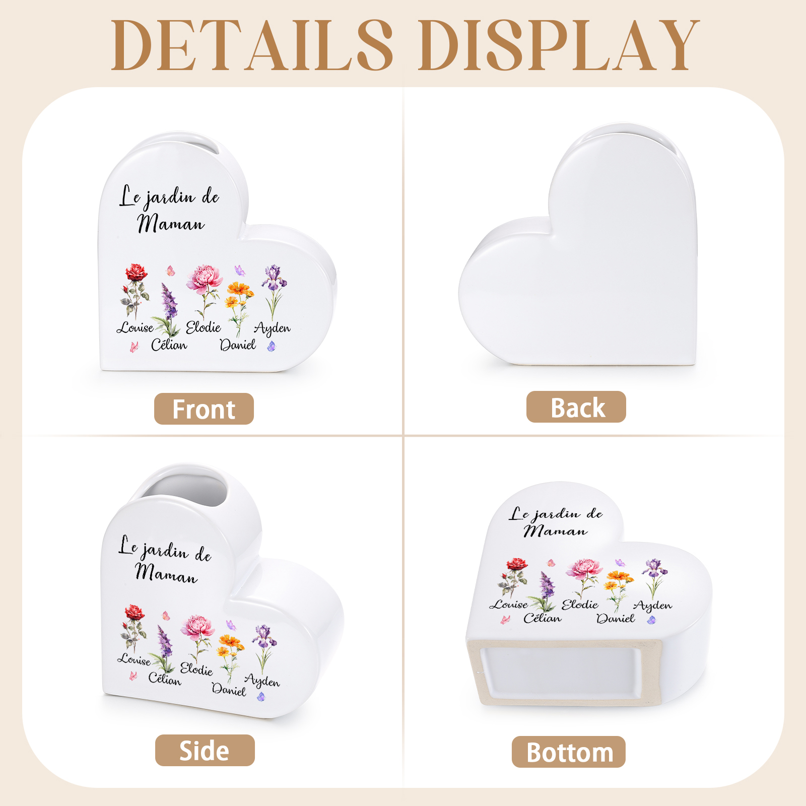 Vase Cœur en Céramique Personnalisé avec 1 à 12 Fleurs de naissance et Prénoms des Enfants