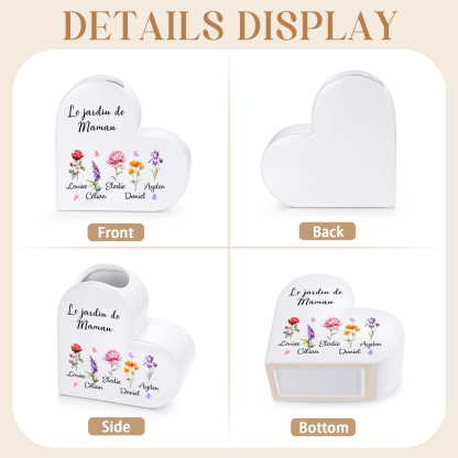 Vase Cœur en Céramique Personnalisé avec 1 à 12 Fleurs de naissance et Prénoms des Enfants